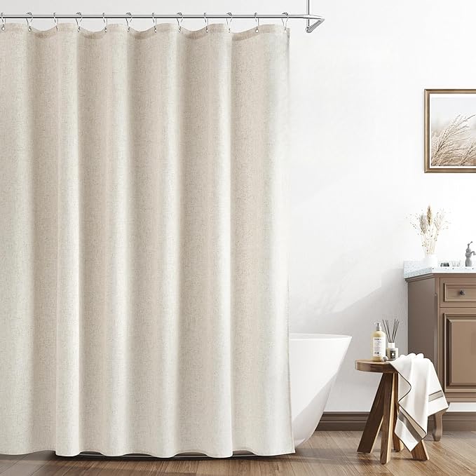 Naturoom Linen Shower Curtain 82 Inch Long Weighted Thick Fabric Bath Shower Curtain Set with Hooks, XLong Tall Country Farmhouse Beige Curtains for Bathroom, 72x82