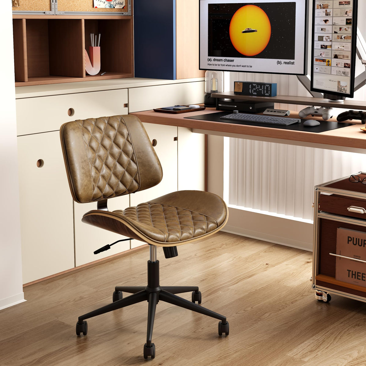 zavxzren Home Office Chair No Arms with Wheels, Armless Adjustable Height Small Desk Chair, Armless PU Leather Computer Chair Mid Back 360 Swivel, Modern Walnut, Reading Meeting Room (Brown)