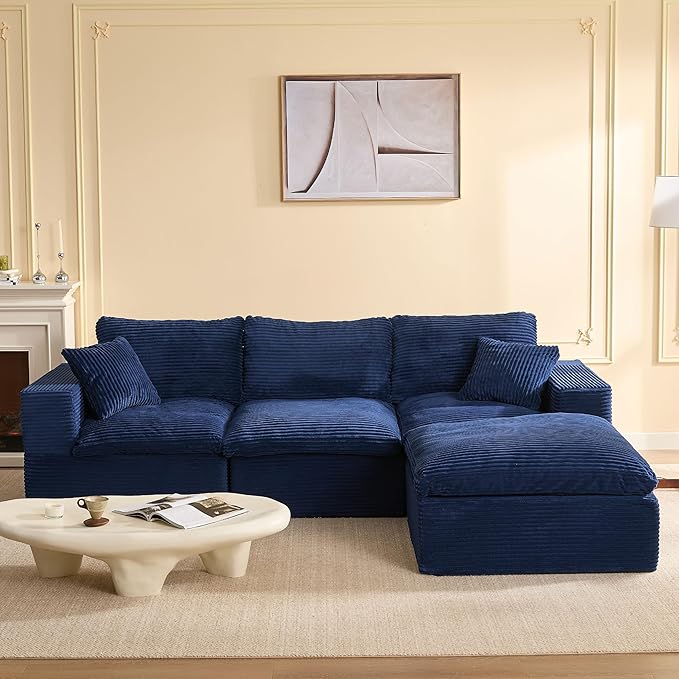 106.3” Sectional Couches for Living Room, Cloud Couch, Modular Sectional Sofa, Convertible Sofas Bed, Deep Seat Sofa, L Shaped Cozy Sofa Furniture Set, Corduroy, Blue
