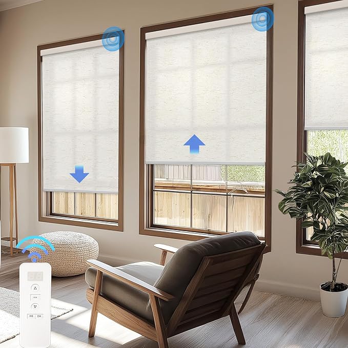 Motorized Blinds with Remote Cordless Automatic Motorized Shades Custom Blinds for Windows Smart Curtains Compatible with Alexa Google Home(Light Filtering Linen Sandy Beach,W53 x H72in)