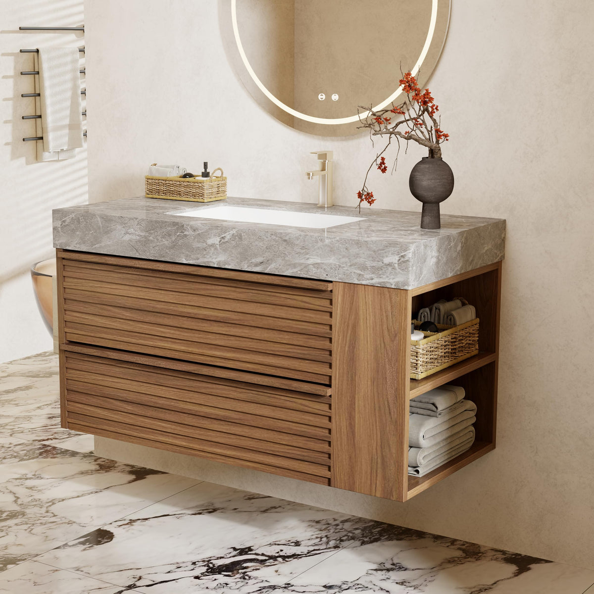36" Floating Bathroom Vanity with Sink, Modern Wall Mounted Vanity Bathroom Storage Cabinet with Gray Sintered Stone Top White Ceramic Basin, Open Shelf