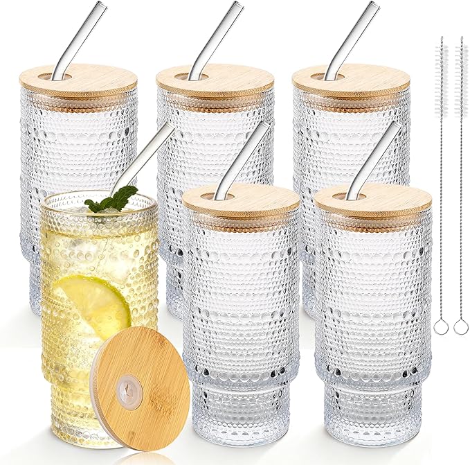 Hobnail Drinking Glasses 16 oz, 6 Pack Vintage Hobnail Glassware, Clear Water Glasses Tumbler, Kitchen Cups for Juice, Beer, Cocktail, Whiskey
