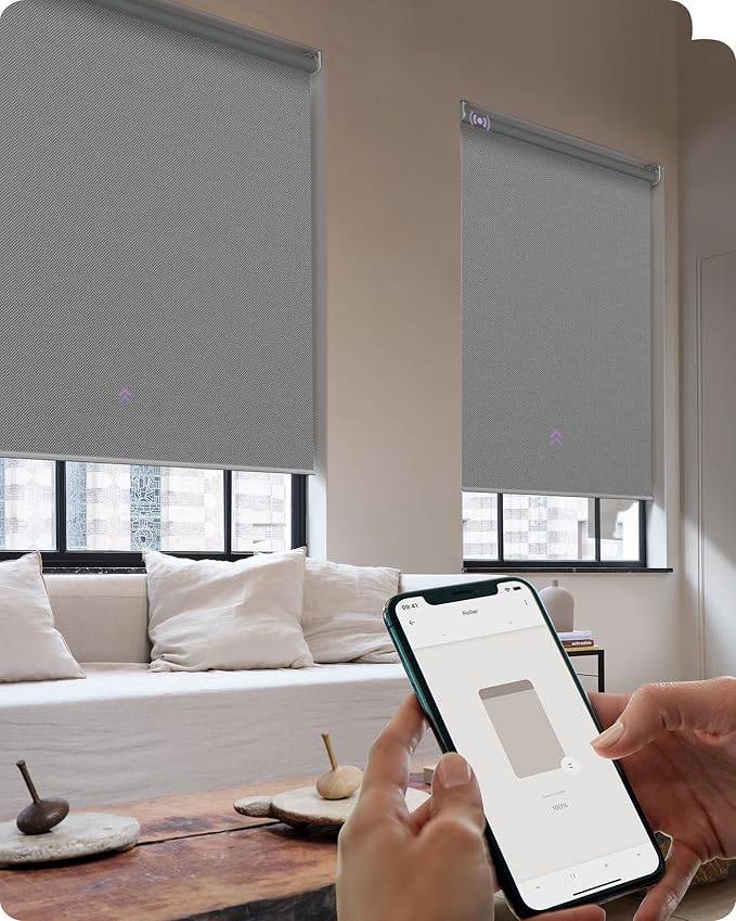 Graywind Smart Roller Shades 100% Blackout Window Blinds with APP Control Customized Automatic Shades for Home and Office(28" Wx72 H,Grey)