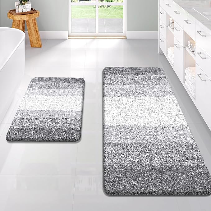OLANLY Bathroom Rug Set 2 Piece, Soft Absorbent Microfiber Bath Rug Set, Non-Slip, Machine Wash Dry, Plush Shaggy Bath Mats for Bathroom (47"x20"+24"x16", Light Grey)