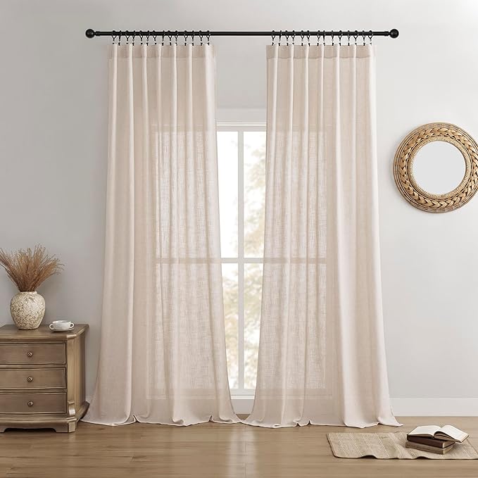 Joydeco Linen Curtains for Living Room,Semi Sheer Drapes Window Long Curtains 96 inches Long Pink Beige