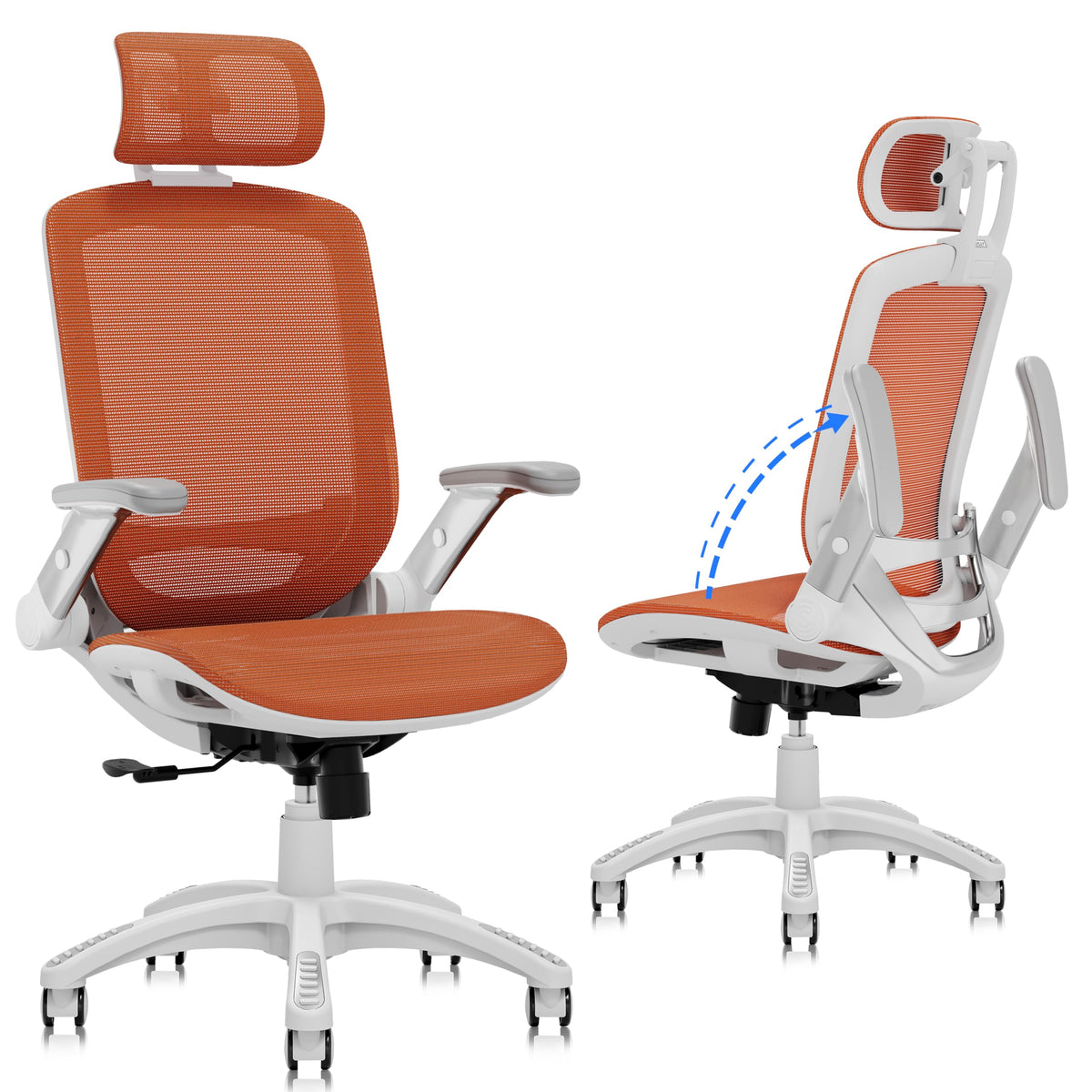 GABRYLLY Ergonomic Office Chair, High Back Home Desk Chair with 2D Flip-Up Arms, 3D Headrest, 90-120° Tilt and Wide Cushion, Big and Tall Mesh Chairs for Man Woman, Computer Task Chair Orange