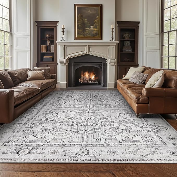 jinchan Lima 8x10 Machine Washable Area Rugs for Living Room - Vintage Floral Stain Resistant Low Pile Ultra-Thin Non Slip Accent Rug for Bedroom Kitchen Dining Room Home Office (8x10ft, Grey)