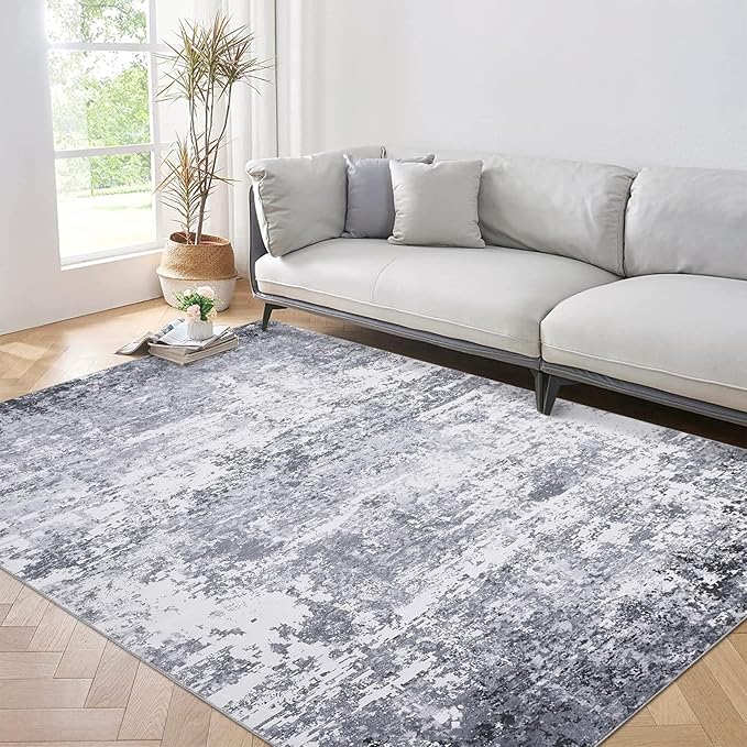 Area Rug 4x6 Stain Resistant Carpet Modern Abstract Rugs Ultra Soft Indoor Floor Cover Accent Rug Low Pile Machine Washable Thin Rug for Living Room Bedroom Dining Room, Light Grey