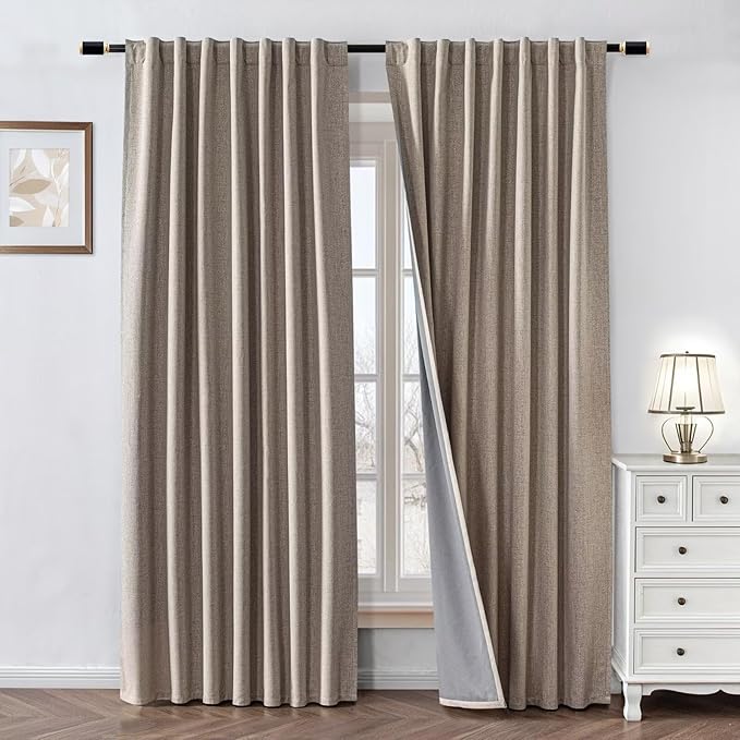 100% Blackout Curtains 90 inch Length 2 Panels Faux Linen Long Drapes for Bedroom Living Room Black Out Room Darkening Curtain Thermal Insulated Back Tab Rod Pocket(W37 x L90, Light Beige)
