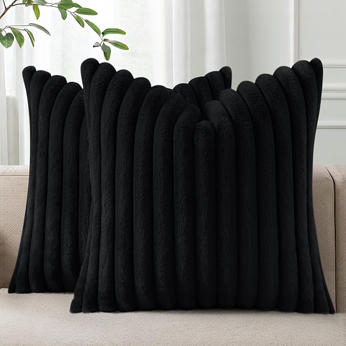 Pallene Faux Fur Plush Throw Pillow Covers 22x22 Set of 2, Luxury Soft Fluffy Striped Decorative Pillow Covers for Sofa, Couch, Living Room, Black