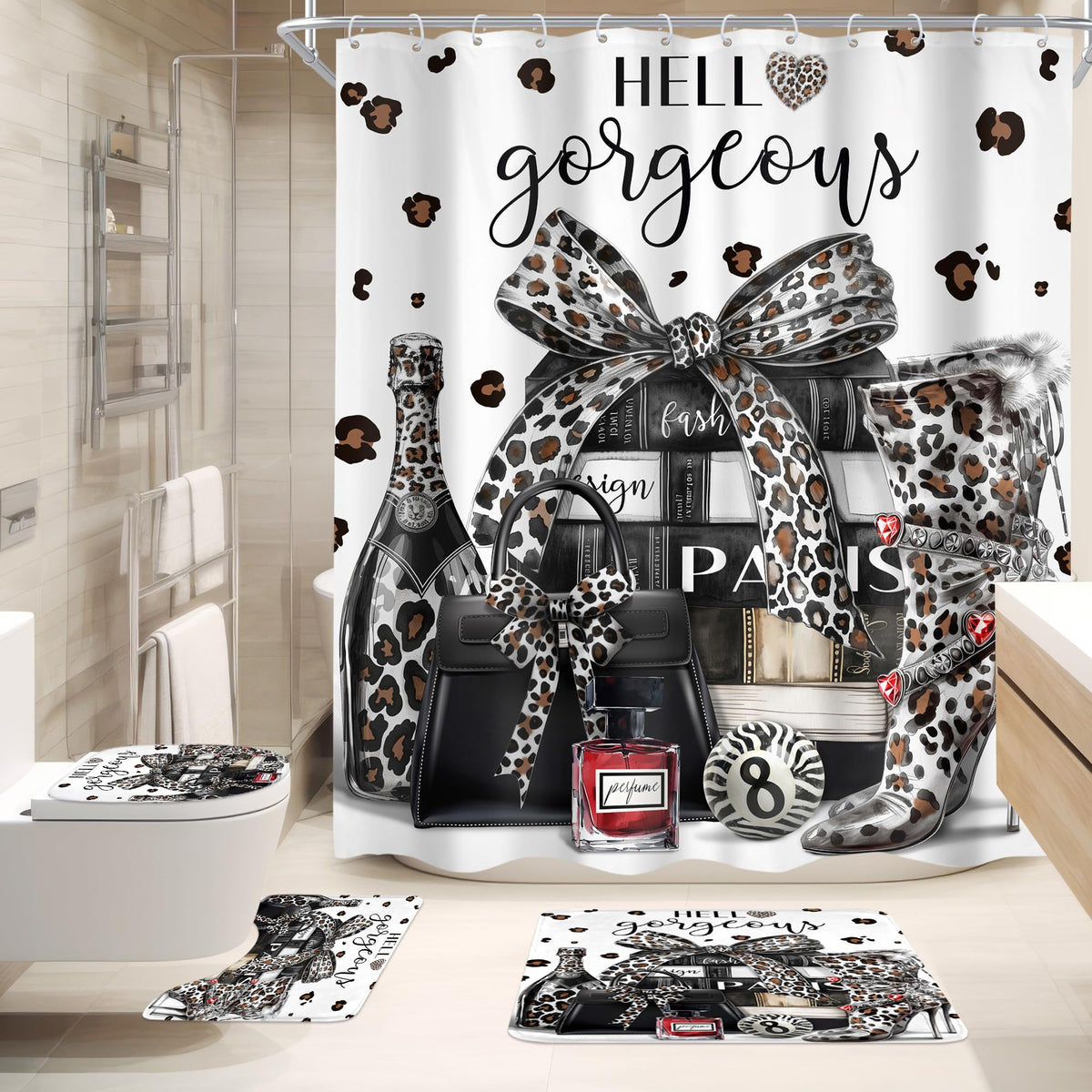 Cinbloo 4Pcs White Black Leopard Shower Curtain Set,Cheetah Fashion Luxury Magazine Books Perfume High Heels Bathroom Curtain with Rug, Toilet Lid Cover, Bath Mat,Girls Shower Curtain with 12 Hooks