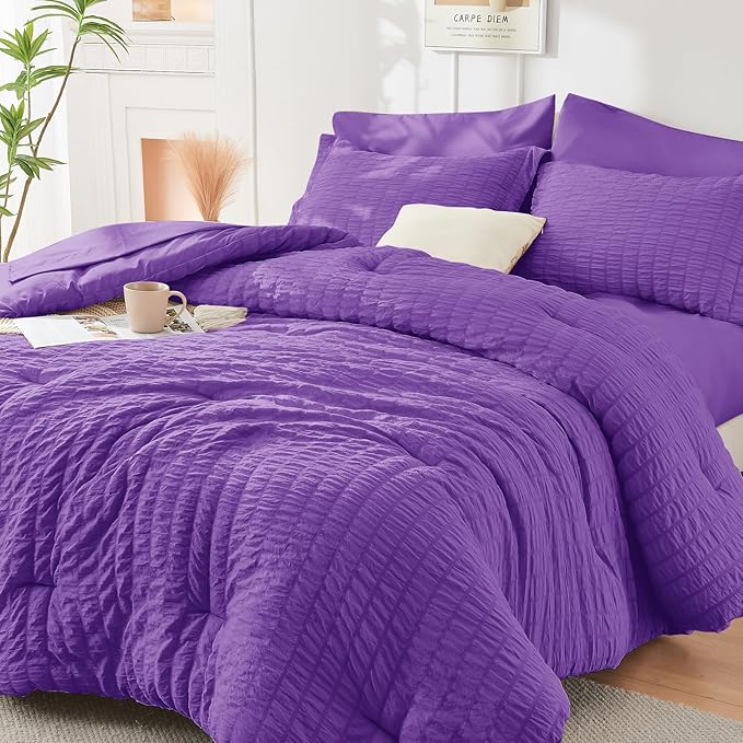 HYMOKEGE Dark Purple California King Comforter Set Seersucker 7 Pieces, All Season Luxury Bed in a Bag for Bedroom, Bedding Set with Comforter, Sheets, Pillowcases & Shams