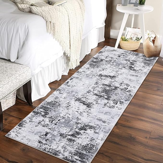 Runner Rug 2x6 Modern Abstract Non Slip Soft Stain Resistant Low Pile Machine Washable Non Shed Rug for Hallway Kitchen Bathroom, Grey