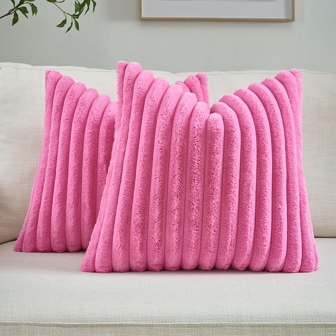FUTEI Hot Pink Throw Pillow Covers Set of 2, 26x26 Inch Striped Texture Euro Pillow Shams with Soft Faux Rabbit Fur Front & Velvet Back, Modern Decorative Couch Pillows for Living Room