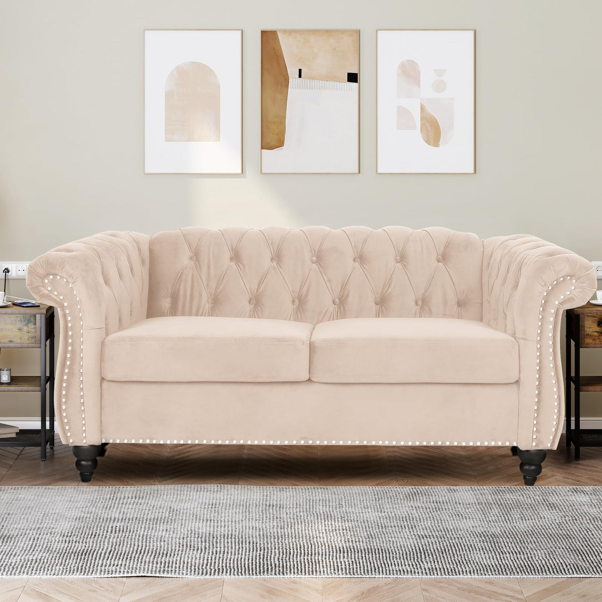 Velvet Loveseat, Chesterfield Love Seat Couch, 2 Seater Accent Sofa with Rolled Arms, Mid-Century Modern Love Seats Tufting Nailhead Trim for Living Room, Bedroom, Home Theater (Velvet, Beige)