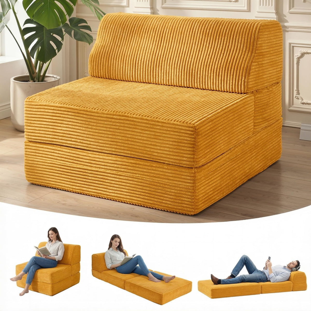 Kasunpul Folding Sofa Bed with Pillow, Memory Foam Fold Out Chair Bed, Convertible Sleeper Chair with Washable Cover, Futon Floor Couch for Living Room/Dorm/Guest Use/Home Office/Apartment,Orange