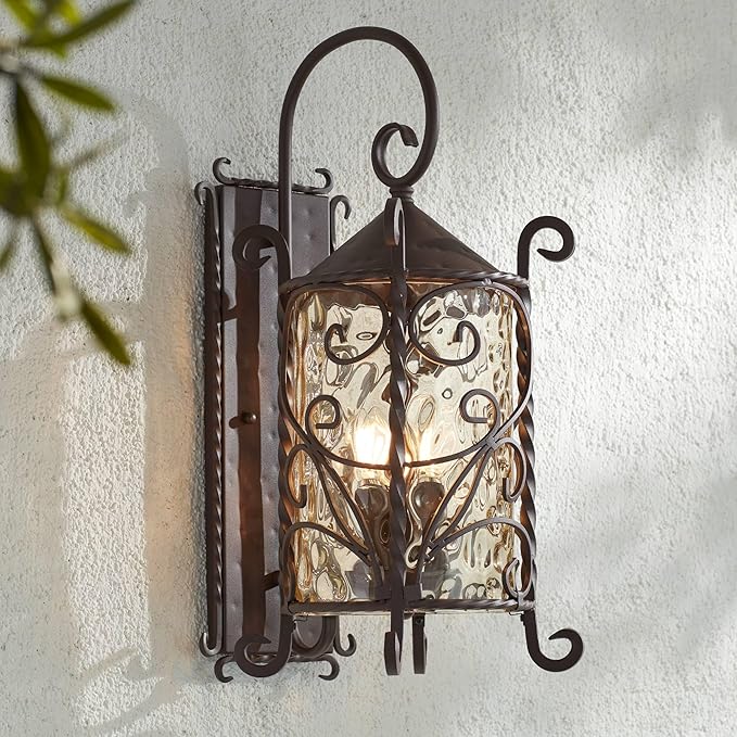 John Timberland Casa Seville Rustic Outdoor Wall Light Fixture Lantern Dark Walnut Iron Scroll 23 3/4" Hammered Glass Decor for Exterior House Porch Patio Outside Deck Garage Front Door Home