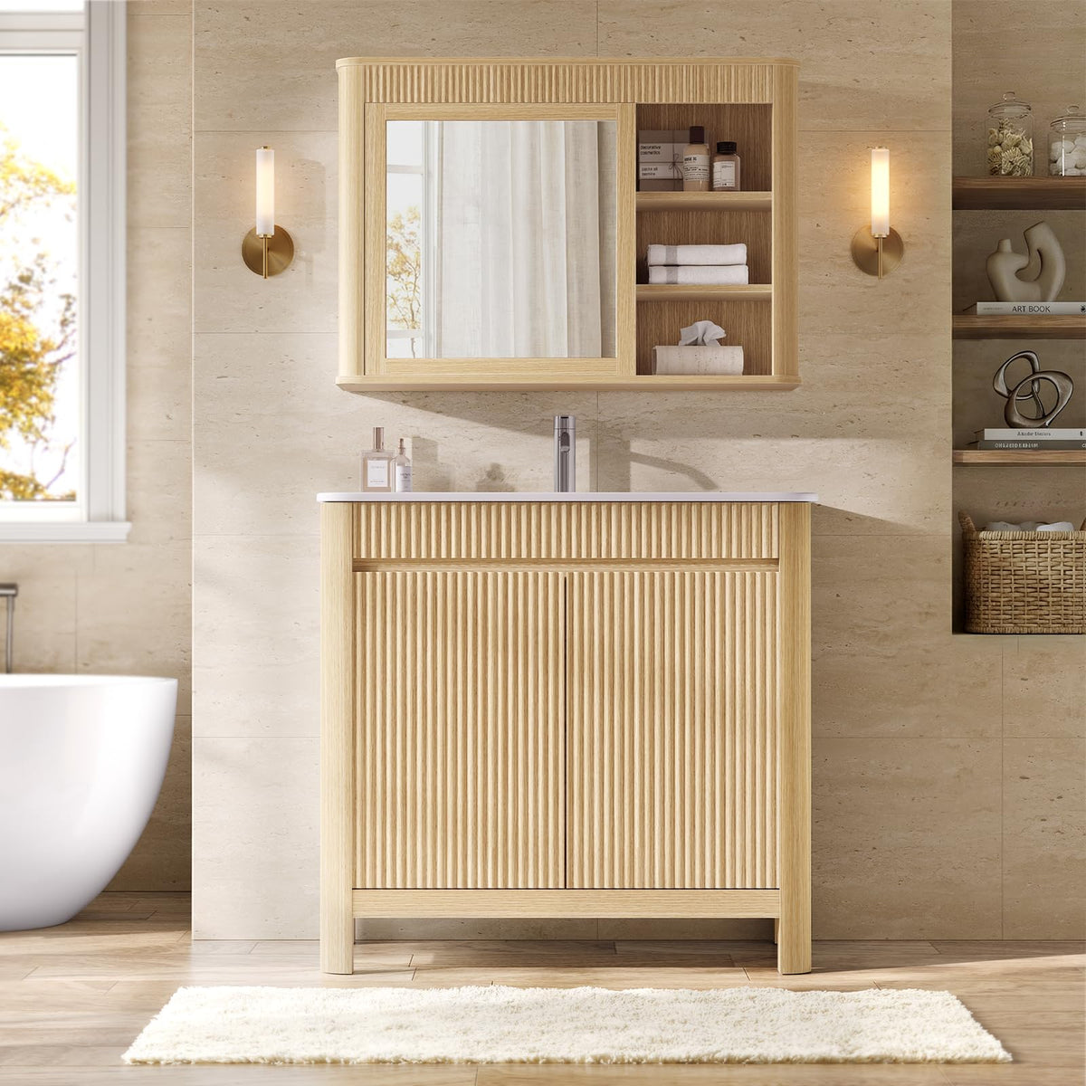 ModernMate 30" Freestanding Bathroom Vanity with Sink, Mirror Medicine Cabinet, Solid Wood Legs & Fluted Panel, Arc Integrated Ceramic Sink, Adjustable Shelves, Easy Assembly, Natural Oak