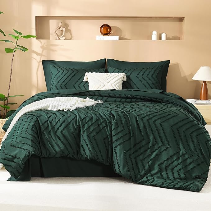 Litanika Super King Size Comforter Set with Sheets Emerald Green - 7 Pieces Bed in a Bag Oversized King Boho Tufted Complete Bedding Sets with Comforter, Sheets, Pillowcases & Shams