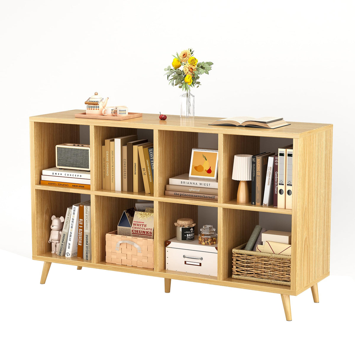 COTUBLR 8-Cube Bookshelf, 47" Wood Bookcase with Legs, 2 Tier Morden Bookshelves Cube Storage Shelving Unit, Freestanding Open Book Shelves for Bedroom Living Room Office, Natural Oak