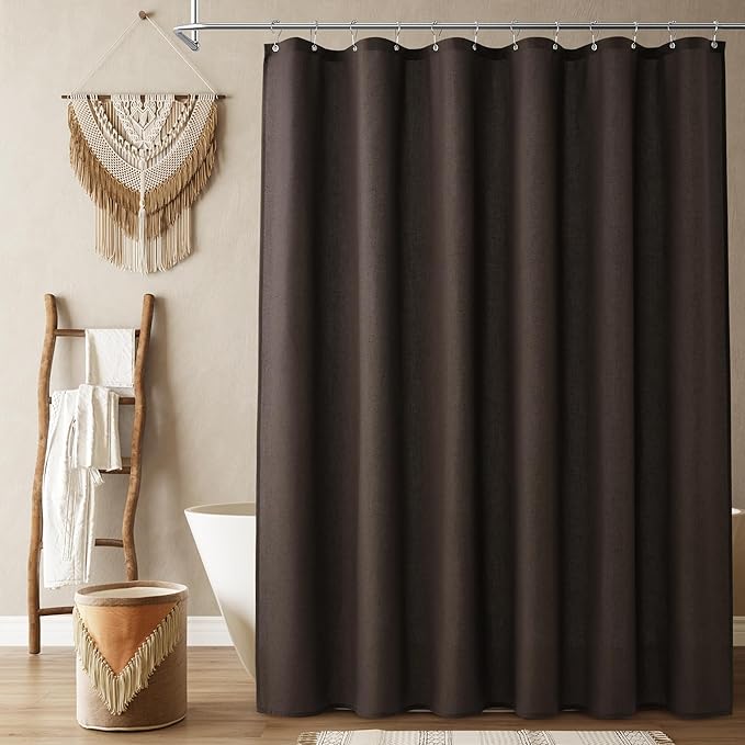 Naturoom Chocolate Brown Linen Shower Curtain, Country Boho Farmhouse Bath Decor Shower Curtains Neutral Cloth Weighted Textured Fabric Bath Curtain Liner with Hooks, 72x80