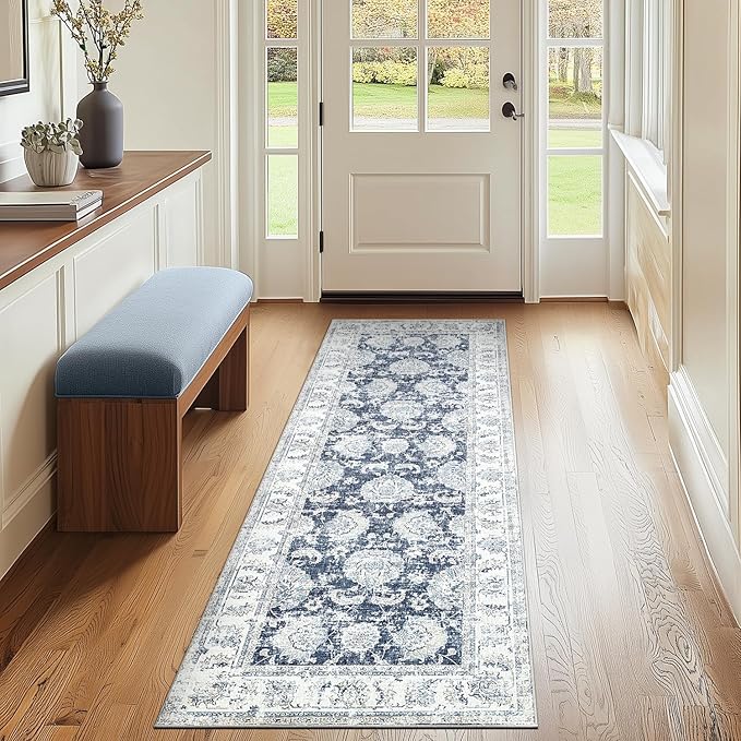 jinchan Fiora Runner Rug 2x6 Machine Washable Hallway Rug Dark Blue Vintage Floral Print Non-Slip Low Pile Ultra-Thin for Kitchen, Entryway, Laundry Room, Bedroom, Farmhouse (2‘x6’, Dark Blue)