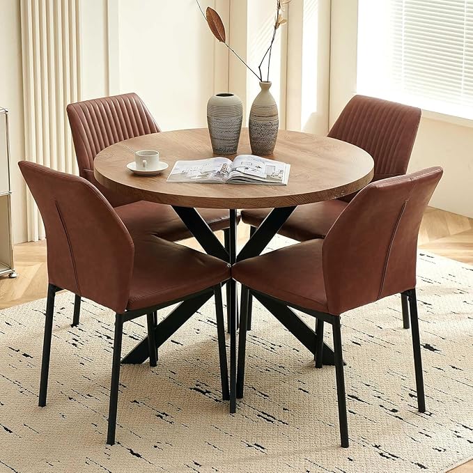 37" Round Dining Table Set for 4, Mid Century Modern Small Coffee Set for Dining Room Kitchen Apartment (Walnut Table + 4 PU Leather Brown Chairs)