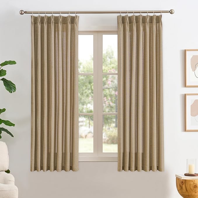 Dark Flax Pinch Pleated Linen Curtains 63 Inches Long Semi Sheer Memory Trained Ripple Fold Curtain with Hooks Back Tab Textured Light Filtering Drapes for Bedroom Living Room 42x63 Set of 2
