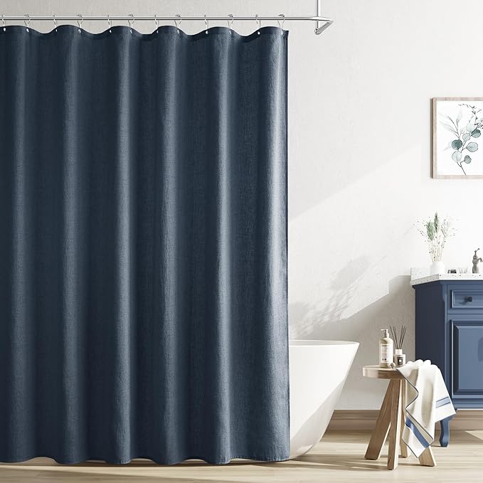Naturoom Denim Blue Linen Shower Curtain, Country Boho Farmhouse Bath Decor Shower Curtains Neutral Cloth Weighted Textured Fabric Bath Curtain Liner with Hooks, 72x78