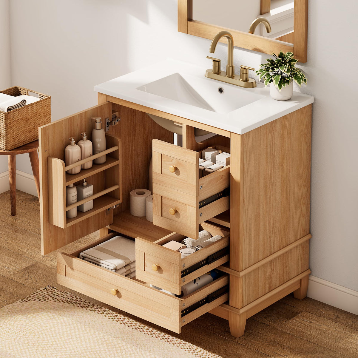 Merax 30 Inch Wood Color Bathroom Vanity with Single Sink and 3 Drawers
