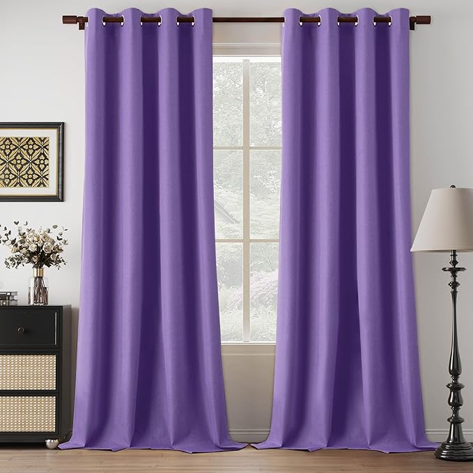 Full Blackout Purple Curtains 95 Inch Length, Faux Linen 100% Blackout Thermal Insulated Noise Reduction Winodw Drapes for Girls Bedroom Nursery, Purple, W52 x L95, 2 Panels
