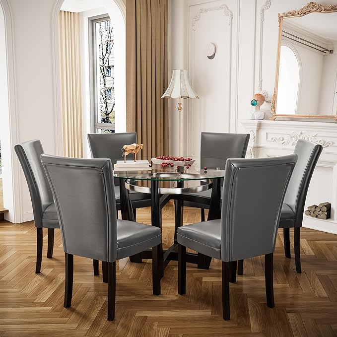 PADMA HOUSE Round Glass Dining Table Set for 6, 45in Modern Kitchen Small Wood Dinner Table with 6 Parsons Leather Dining Chairs 7 Piece Dining Room Table Chair Set, Clear&Grey