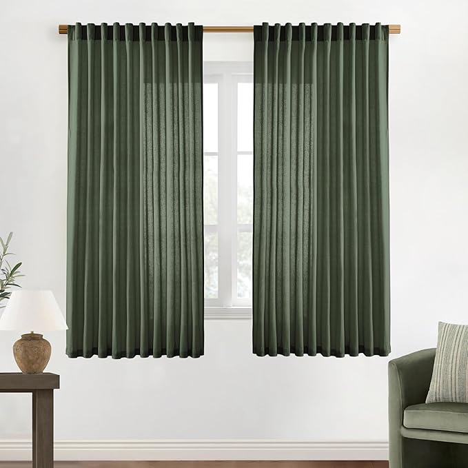XTMYI Green Curtains 63 Inch Length Sheer Semi Light Filtering Tropical Curtains for Living Room 2 Panels Set
