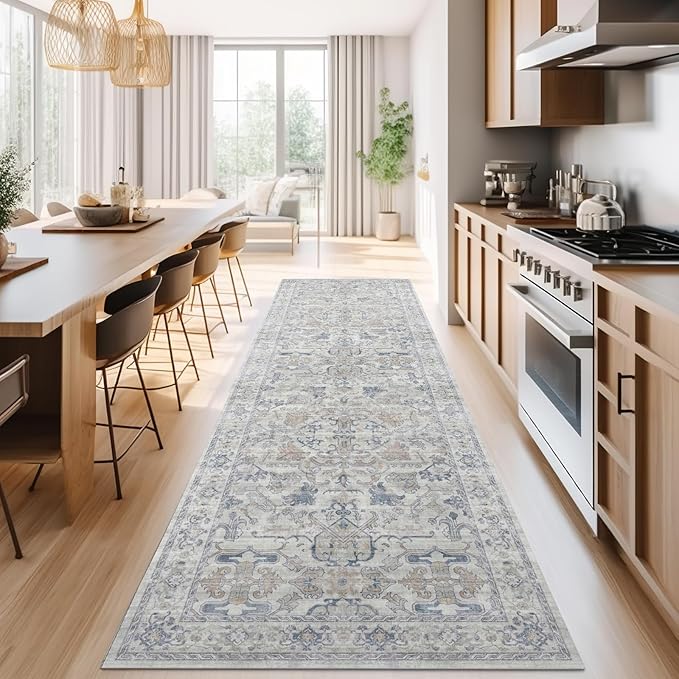 jinchan Hallway Runner Rug 3x8 Machine Washable - Vintage Floral Non-Slip Low-Pile Soft Ultra-Thin Faux Wool Kitchen Rug Distressed Carpet Runner for Farmhouse Bedroom Laundry Room (3x8ft, Blue)