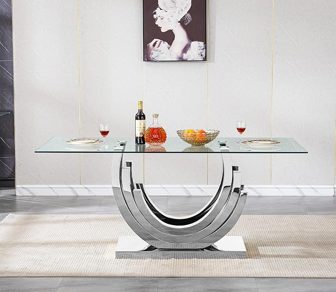 Goujxcy 70" Modern Glass Dining Table for 6-8, Luxury Silver Glass Dining Room Table with Mirrored Ring-Shape Stainless Steel Base, Rectangle Kitchen Dinner Tables for Dining Room Kitchen
