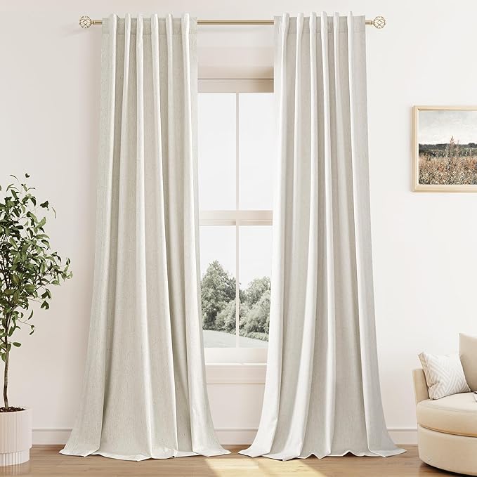 Guken 100% Blackout Cream Linen Curtains 52 Inch Wide by 106 Inch 2 Panels Set for Living Room Bedroom Back Tab Thermal Insulated Black Out Linen Drapes Room Darkening Window Curtains