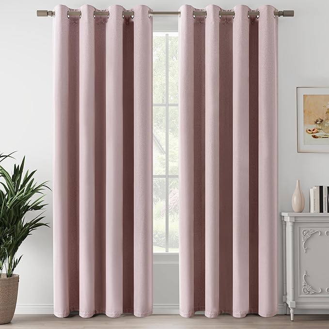 100% Blackout Pink Linen Curtains 90 Inch Length for Bedroom Living Room, Soundproof Thermal Insulated Privacy Lightweight Grommet Drapes for Girls Room, Pink, W52 x L90, 2 Panels