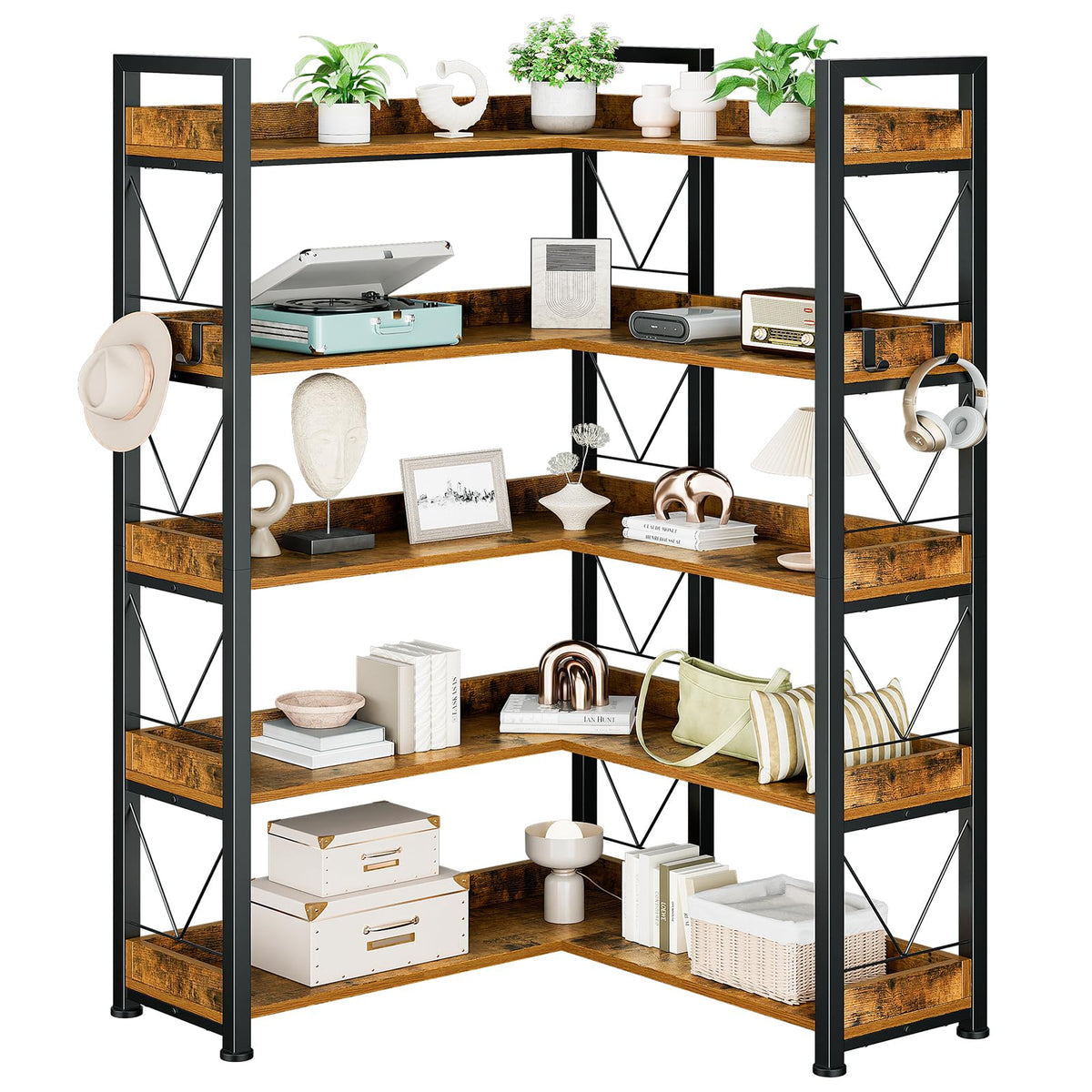 DUMOS 65 inch L Shaped Bookshelf, 5 Tier Corner Bookcase with Hooks and Edge, Industrial Pantry Shelves with Metal Frame, Wooden Open Storage for Living Room, Home Office, Bedroom, Rustic Brown