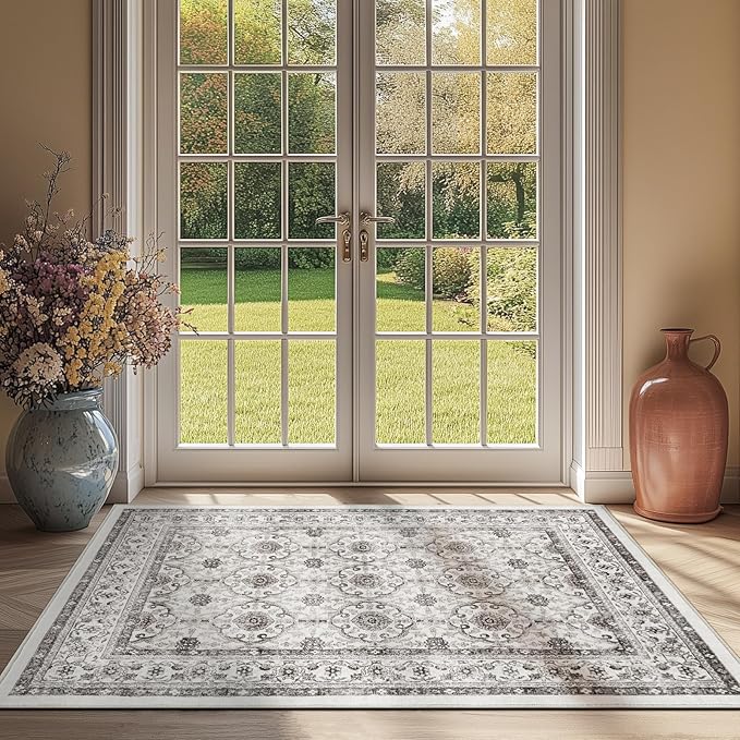 jinchan Floral 3x5 Area Rugs for Entryway - Beige Vintage Distressed Design Doormat Non-Slip Ultra-Thin Low Pile Boho Rug for Kitchen Living Room Bedroom Farmhouse (3‘x5', Beige)