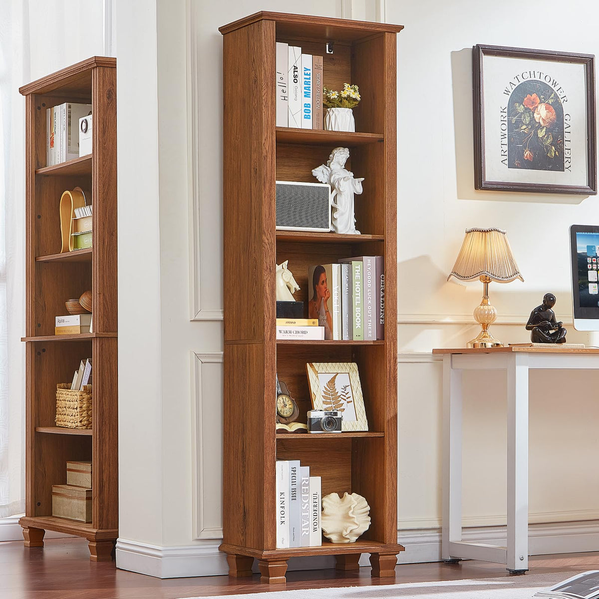 SAVOR LIFE Narrow Brown Book Shelf, 70" Tall Skinny Bookshelf with Adjustable Shelves & Wooden Legs, Farmhouse Wood Bookcase w/5-Tier Open Storage, Free Standing Book Case for Office, Living Room