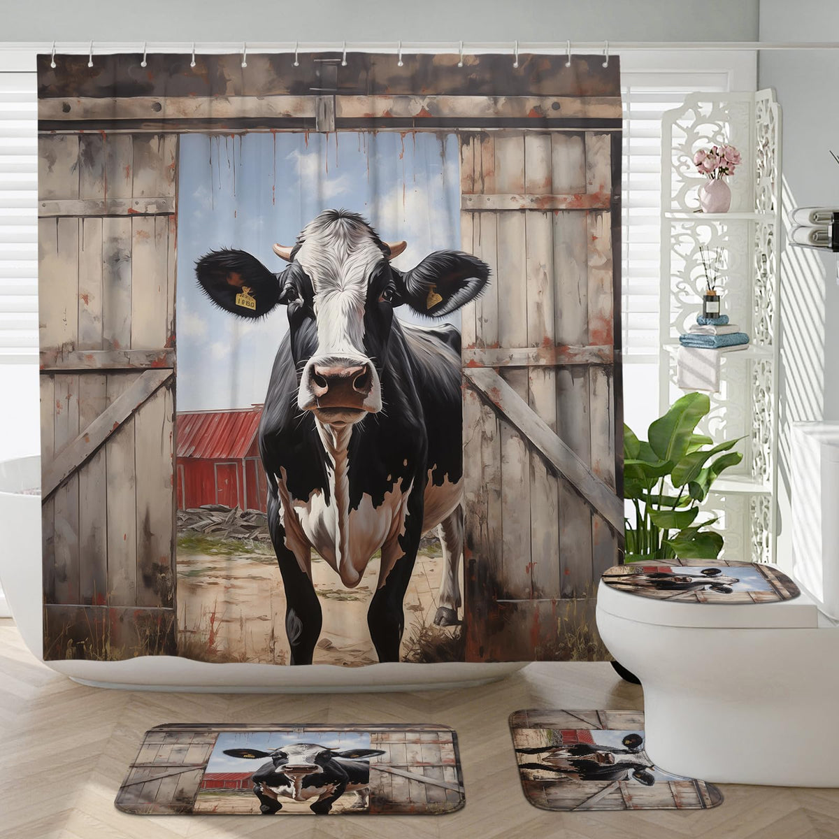 Witzest 4Pcs Rustic Barn Cow Shower Curtain Sets with Non-Slip Rug, U Shape and Toilet Lid Cover Mat, Farmhouse Home Bathroom Decor Set Accessories with 12 Hooks, 72 x 72 Inch