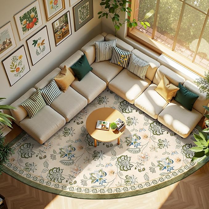jinchan Elora Floral Corner Rug for Living Room Washable Rug Vintage Romance Christmas Design Non Slip Quarter Circle Lightweight Low-Pile Throw Carpet for Reading Playroom, 7ft Radius, Green/Beige