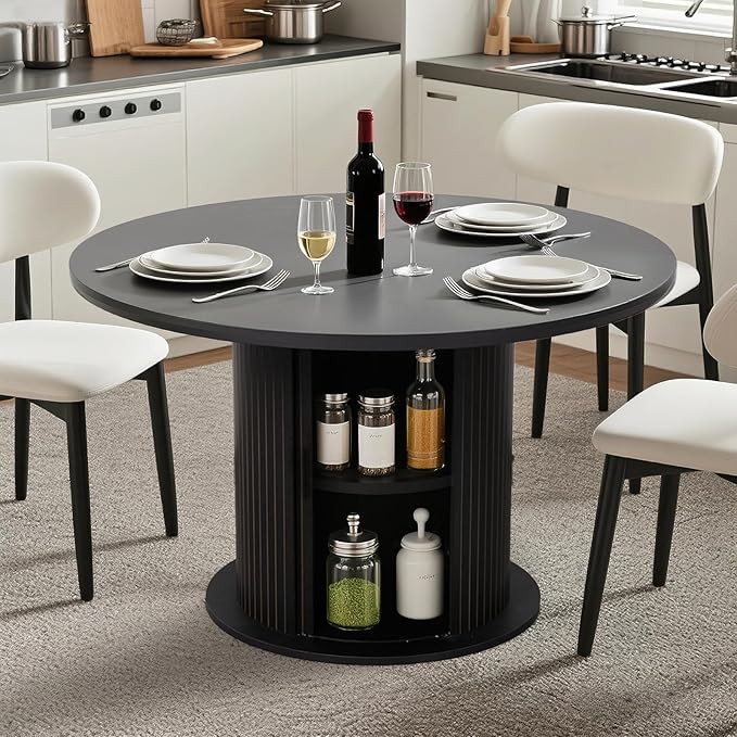 Round Table with Storage,47"Modern Storage Kitchen Dining Table for 4-6 People with Curved Sliding Door Fluted Wood Coffee Table Thickened Tabletop for dining Room/Kitchen/Living Room,Black
