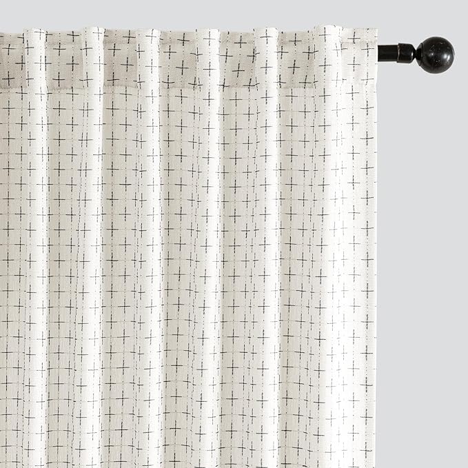 MIULEE Decorative Back Tab Linen Curtains with Geometric Pattern for Living Room Bedroom Farmhouse Rustic Thick Woven Textured Patterned Mudcloth Drapes 84 Inches Long 2 Panels Set, Pure White