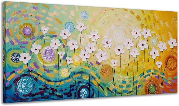 Yihui Arts Hand-Painted Textured Floral Oil Painting on Canvas - Vibrant Abstract White Flowers Wall Art for Living Room, Bedroom, Modern Home Decor