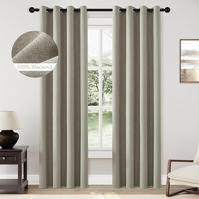 ChrisDowa 100% Blackout Sand Solid Curtains 90 Inches Long 2 Panels for Bedroom Living Room,Farmhouse Room Darkening Thermal Insulated Soundproof Grommet Top Window Treatment Drapes,52x90