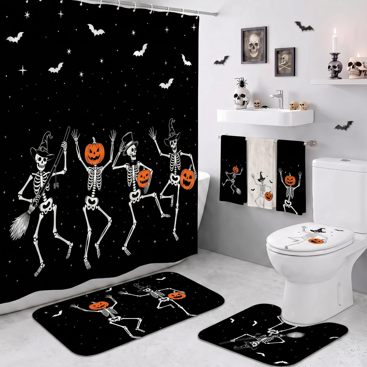 Tingjoo 7 Pcs Dancing Skull Shower Curtain Sets, Halloween Bathroom Decor