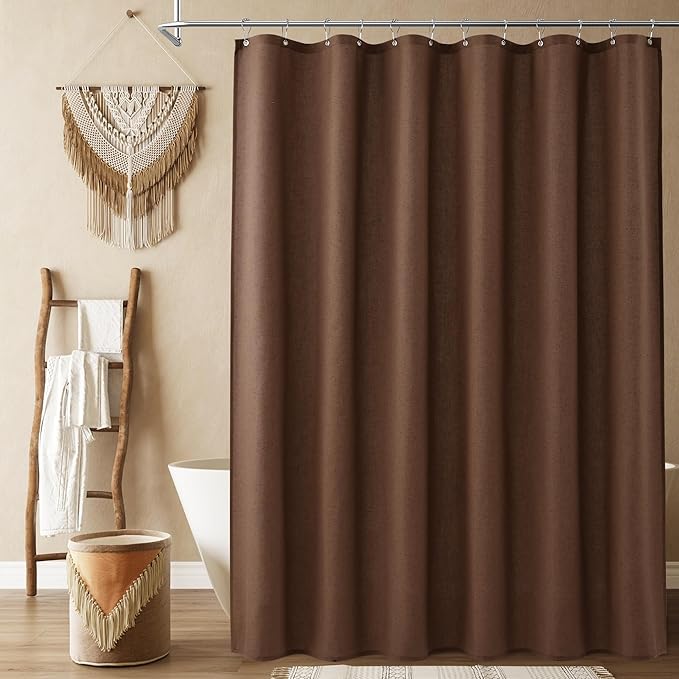 Naturoom Caramel Brown Linen Shower Curtain, Country Boho Farmhouse Bath Decor Shower Curtains Neutral Cloth Weighted Textured Fabric Bath Curtain Liner with Hooks, 72x72
