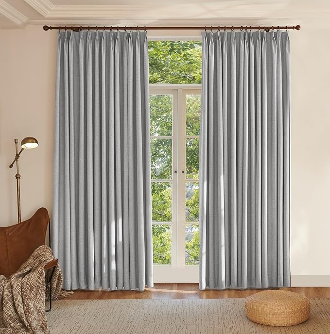 Textured Linen Double Pleated 100% Blackout Curtains for Bedroom/Living Room Blackout Curtains 96 Inches Long, Energy Saving Window Treatment Curtains,42Wx96Lx2,Grey