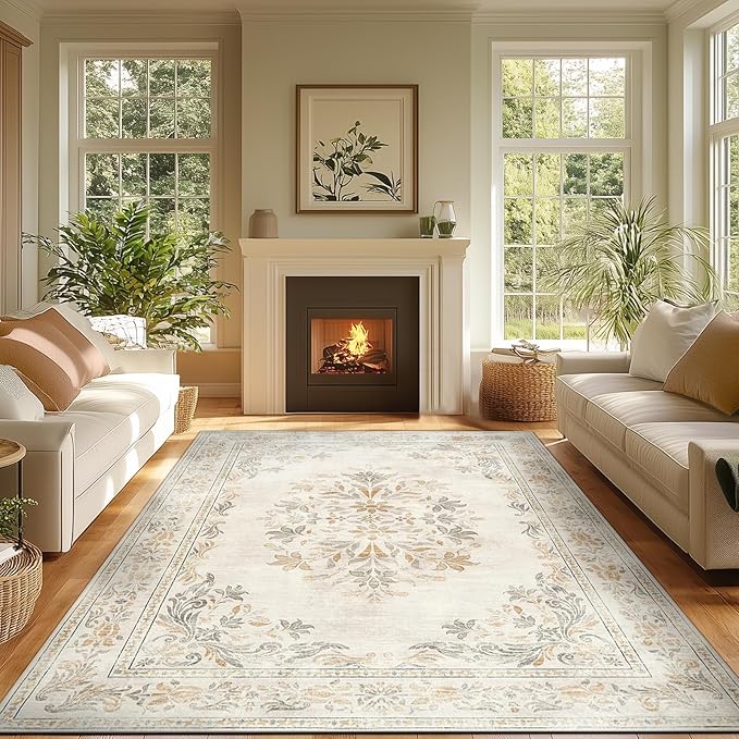 jinchan Vintage Floral 6x9 Area Rug for Living Room - Machine Washable Distressed Design Soft Throw Rug Ultra-Thin Non-Slip Large Carpet for Bedroom Nursery Dining Room Home Office (6x9ft, Light Grey)
